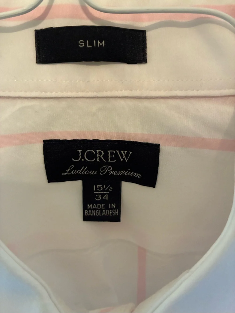 J. Crew Men's Ludlow Premium White Dress Shirt with Pink Stripes. Size 15 1/2-34